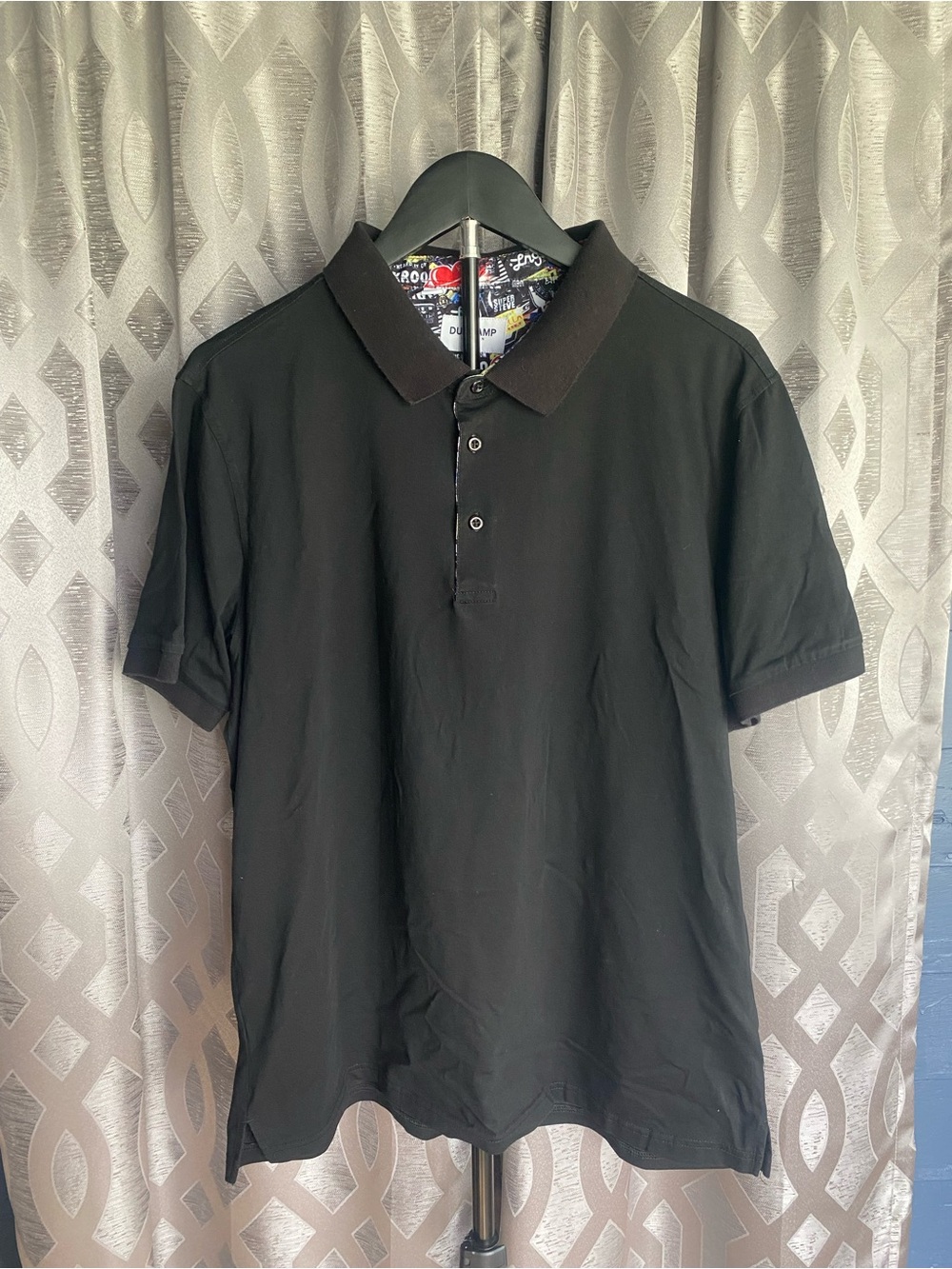 Duchamp London Black Polo Shirt Graphic Graffiti Contrast Collar Men’s L